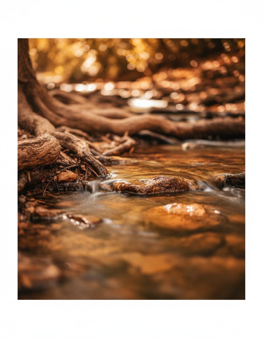 Serene natural stream flowing over smooth stones, warm golden-hour light filtering through